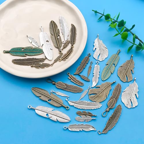 Youdiyla 32pcs Alloy Ancient Silvery Ancient Cyan Feather Series Pendant Jewelry Making DIY Keychain Earrings Pendant Various Design Charms for Jewelry Making Bracelets Necklace (M17) - color: M17