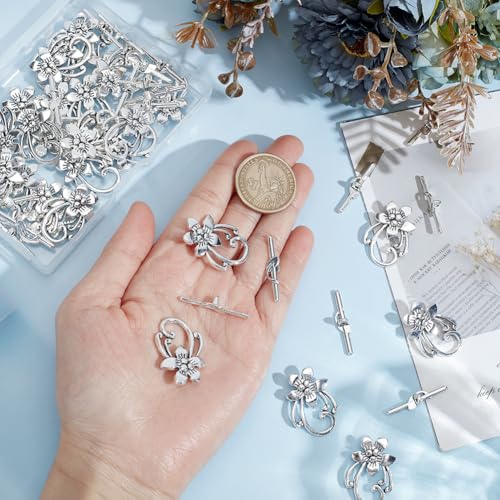 30Pcs Toggle Jewelry Clasps Antique Silver Flower T-bar Closure Metal Bar and Ring Connectors End Clasps for Jewelry Making Pendants Bracelet Necklace Earring DIY Crafts 28x20mm