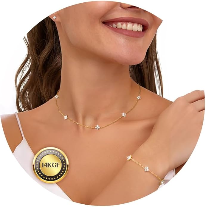 ORAZIO Dainty Silver Gold Jewelry Set for Women Trendy 14K Gold Plated CZ Flowers Pendant Choker Necklaces for Women Stud Earrings Clover Link Bracelets Stack Jewelry Gifts for Wedding Prom Brides
