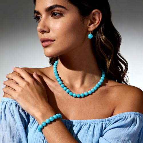 Gemstone Beaded Necklace for Women, Trendy 18K Gold Plated Hematite Natural Stone Bead Choker, Boho Handmade Summer Beach Necklaces for Women Everyday Western Jewelry Gifts - color: 03-Turquoise