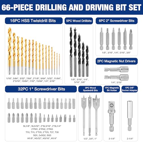 WORKPRO Drill Bit Set, 66-Pieces Impact Driver Bits Set and Screwdriver Bits Set for Screw Driving and Wood Metal Drilling with Storage Case, 1/4" Hex Shank - style: 66 PCS