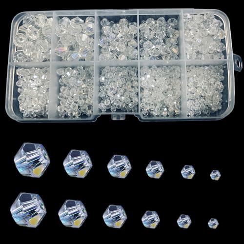 900pcs Clear Crystal Bicone Glass Beads of AB Color, Rondelle Crystal Beads Assorted Supplies Spacer Loose Beads for Jewelry Making Findings Bracelets Pendants (2mm, 3mm, 4mm, 5mm,6mm, 8mm) - color: Crystal Bicone Glass Beads:Transprent