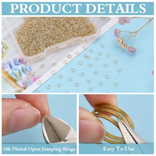 2000Pcs Gold Open Jump Rings, 3mm 18K Gold Plated Jump Rings Stainless Steel Bulk Small Connecting Jewelry Connectors for Jewelry Making Supplies Bracelet Earrings Repair - color: Gold