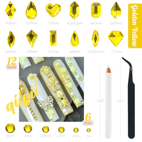 qiipii 2630Pcs Golden Yellow Nail Rhinestones 120 Multi Shapes Crystal Flatback Gems +2510 Round Beads Glass Stones Diamonds Jewels w Tweezer & Wax Pen for DIY Face Eye Mackup Clothes Shoes - color: Golden Yellow, size: A Set