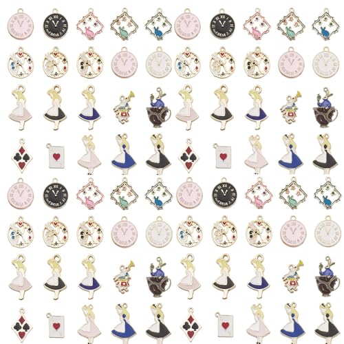 40pcs Alloy enamel dripping oil Alice set tea party scene character posture Pendant Jewelry Making DIY Keychain Earrings Pendant Various Design Charms for Jewelry Making Bracelets Necklace(HK372) - color: HK372