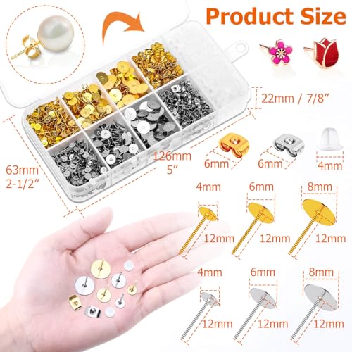 Hypoallergenic Earring Posts and Backs, Caffox 2000pcs Stud Earrings Making Kit with Ear Ring Base and Earring Backs for Leather Stud, Clay, Pearl Jewelry Making (Gold & Silver) - color: Gold & Silver