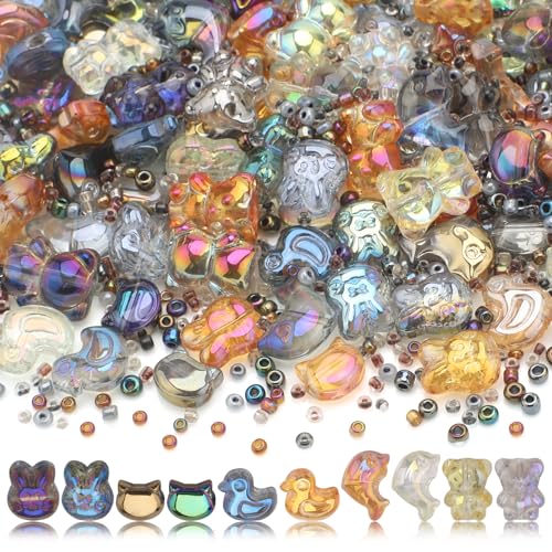 640pcs Shaped Animal Glass Beads for Jewelry Making, Shaped Cat/Rabbit/Duck/Bear/Dolphin Loose Spacer Beads for DIY Supplies Bracelets Necklaces Earrings - color: Animal style