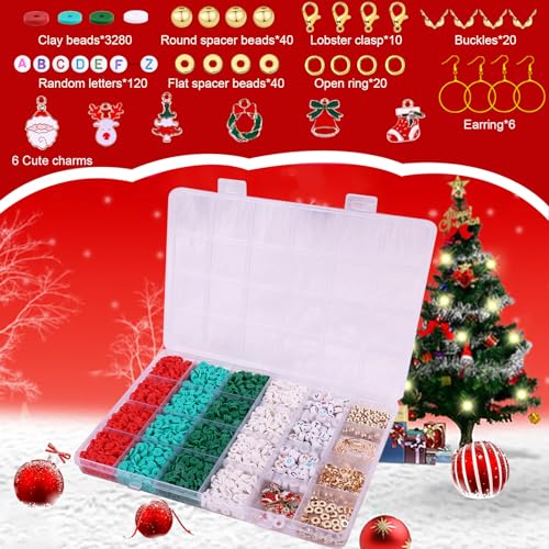 Wuollgess 3500 PCS Christmas Clay Beads Bracelet Making Kit, Polymer Heishi Beads for Jewelry Making, Letter Beads Friendship Bracelet Kit with Christmas Charms for Necklace Earring DIY - color: Christmas