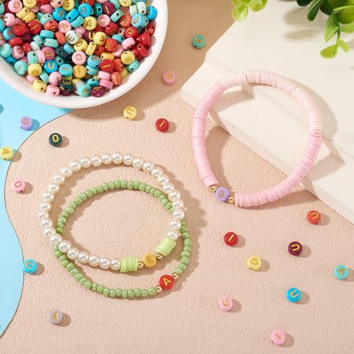 FASHEWELRY 500Pcs 7x3.5mm Flat Round Letter Beads Bulk Colorful Acrylic Beads with Golden Vowel Letter Bead Loose Spacer Alphabet Beads for Bracelets Earring Necklace Jewelry Making Supplies