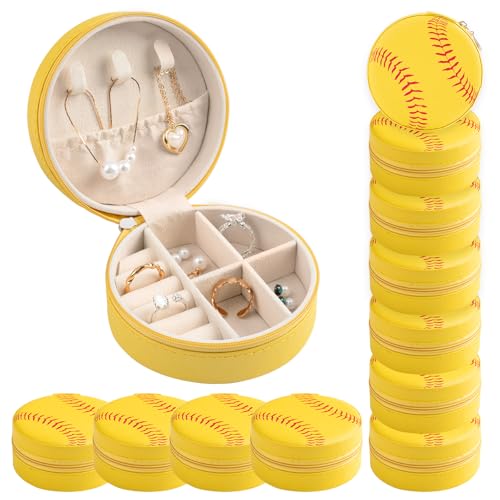 12-Pack Softball Jewelry Box Bulk Team Gifts for Girls, Yellow Round Mini Travel Jewelry Case Organizer for Softball Players Coaches, Senior Night Tournament Gifting, Optic Yellow - style: Softball