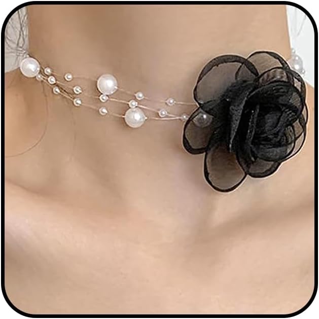 Boho Flower Pearl Choker Necklace for Floral Choker,Women Dainty Pearl Beaded Chain Collar Necklace Flower Necklace for Women Trendy Jewelry