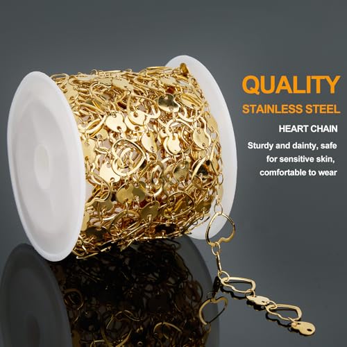 KYUNHOO 4 Meters Heart Chains for Jewelry Making Gold Plated Stainless Steel Chain Bulk on Spool for Women Make Crafts with Lobster Clasps Jump Rings - color: Heart Gold