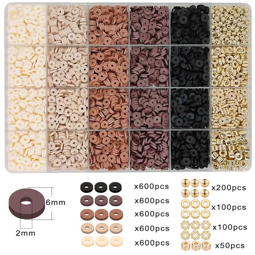 MIIIM Coffee Brown Clay Beads Kit for Bracelets Making, Heishi Beads for Friendship Bracelet, Clay Charms and Gold Spacers for Jewelry Making, Crafts, Concert, Raves, Gifts - color: Coffee Brown