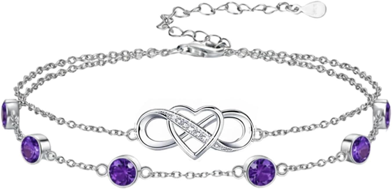 Prismata Infinity Birthstone Charm Link Bracelet 925 Sterling Silver Adjustable 12 Months Birthstone Infinity Bracelet Birthday Jewelry Gifts for Women Mom Her,with 7"+2" chain