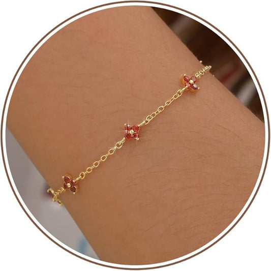 JSJOY Birthstone Bracelets for Women, 14K Gold Bracelets for Women Mom Gifts Birthday Valentines Day Gifts for Gf Dainty Flower Gift for Her Birthstone Bracelet Mothers Day Gift