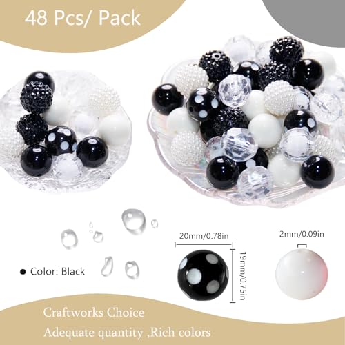 48 Pcs 20mm Beads for Pens Rhinestone Bubblegum Beads Mixed Crystal Acrylic Round Chunky Bead Sparkly Craft Large Balls Bead for Pen Beadable Keychain Bracelet Necklace DIY Jewelry Making Supplies - color: Black series