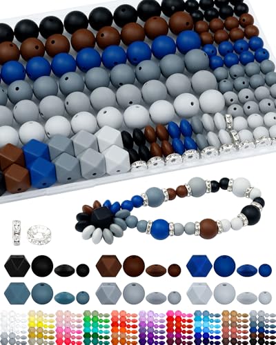 FIVEIZERO 172PCS Silicone Beads for Keychain Making, 6 Black Shades | 4 Assorted Shapes, Includes Rhinestone Spacers, Premium Silicone, Easy to Clean, Durable and Flexible - color: black