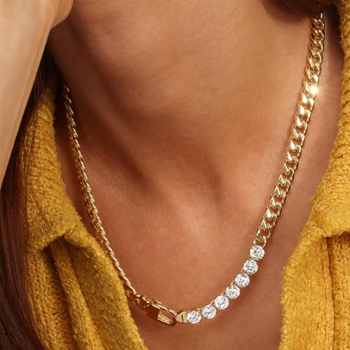 Roe Dolph Tennis Necklace for Women, Gold Choker Chain Necklace with Chunky Cuban Link and Stone-Look Tennis Chain, Fashion Necklace for Women