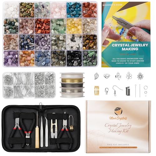 MineCrystals Jewelry Making Kit DIY Natural Crystal Chip Stones Beads Tools kit Jewelry Wires Findings Supplies Instruction Guide Gift Box for Adult Teens Craft Bracelet Earring Necklace