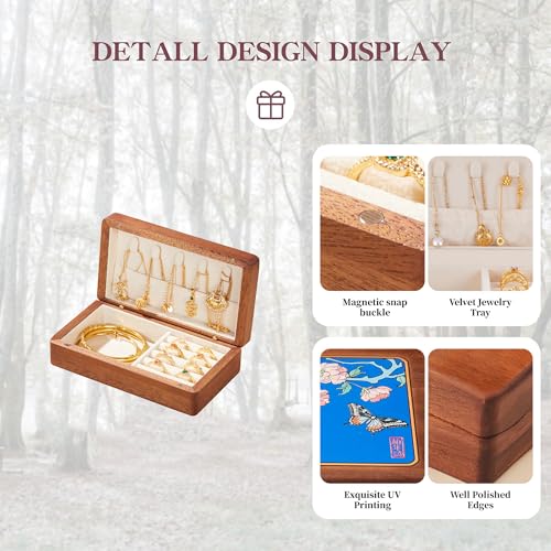 Travel Jewelry Case Small Wood Jewelry Organizer Jewelry Box for Women (Nut-Brown Print F) - color: Nut-Brown Print F