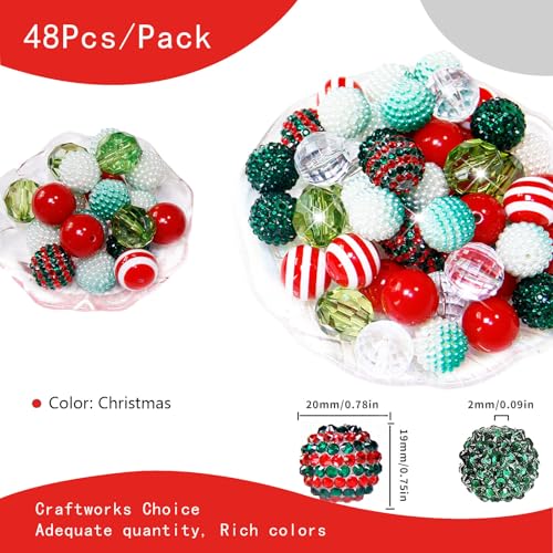 Exway 48 Pcs 20mm Red Green Acrylic Resin Rhinestone Bubblegum Beads, Round, Large, Sparkly Craft Beads for Pen, Beadable Keychain, Bracelet, Necklace, DIY Jewelry Making Supplies - color: Christmas
