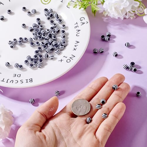 Cheriswelry 100pcs Round Black White Striped Acrylic Beads 6x5mm Chunky Ball Zebra Lined Striped Bubblegum Gumball Bead Spacers for DIY Jewelry Making Supplies Women Girl - color: Round-Black White, size: 6mm
