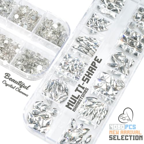 qiipii 4080Pcs Silver Clear Nail Rhinestones Multi Shapes Flatback Crystal White Gems +Round Beads K9 Glass Stones Diamonds Jewels Nail Art Charms Supplies for Nails Faces Eyes Makeup DIY Crafts Phone - color: Crystal Clear, size: B Set