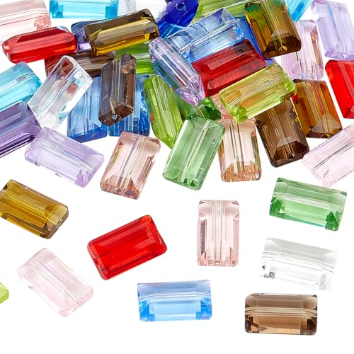 PH PandaHall 52pcs 13 Colors Faceted Glass Beads - Flat Rectangle Crystal Spacer Beads for DIY Jewelry Making, 14x8 mm