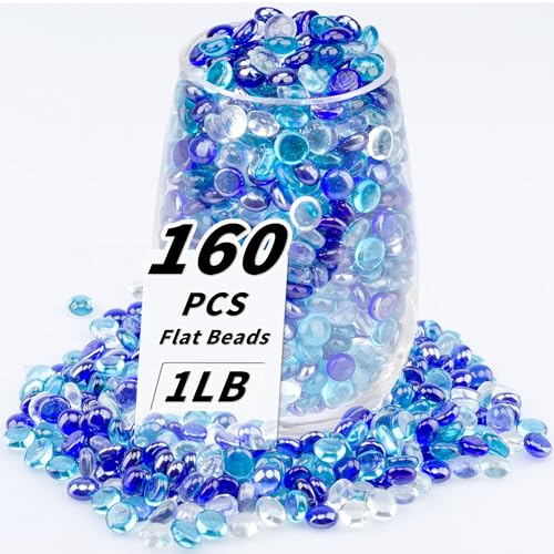 1 LB Mix Blue Flat Glass Beads, 160-180PCS Small Glass Marbles, Mini Flat Round Pebbles for Vase Filler and Floral, Fish Tank Rocks Decorative Gemstones for Home and Aquarium Décor - color: Mixed Blue