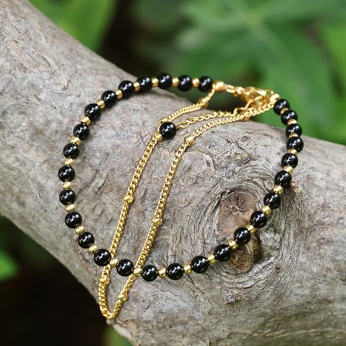 Peridot Stand Silver Gold Bracelets, Handmade Birthstone Stack Bracelet Crystal Gemstones Bead Chain Gift for Women, 8" - color: Black Agate