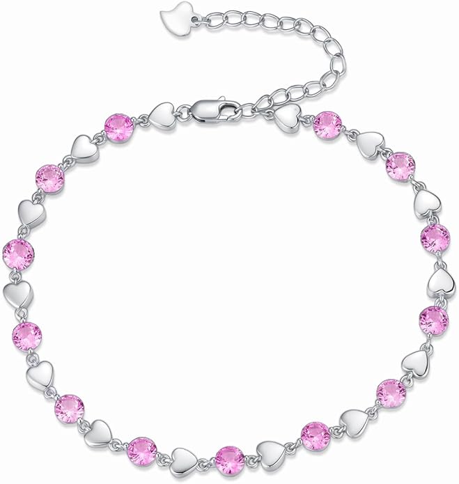 Birthstone Charm Link Bracelet 925 Sterling Silver Rose/Heart/Mom Bracelet with 12 Months Birthstone Mother's Day Gift Jewelry Gifts for Women,Chain Length 7"+2" Extend