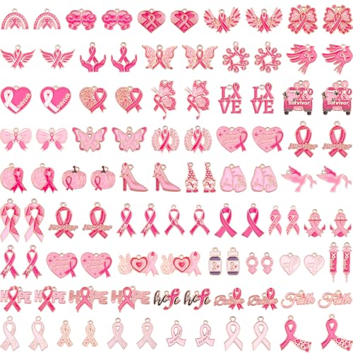 SANNIX 110Pcs Breast Cancer Charms, Pink Ribbon Charm for Jewelry Making, Breast Cancer Awareness Enamel Charm Pendants for Bracelets Necklaces Earrings Craft Making Accessories - style: Breast Cancer Charms