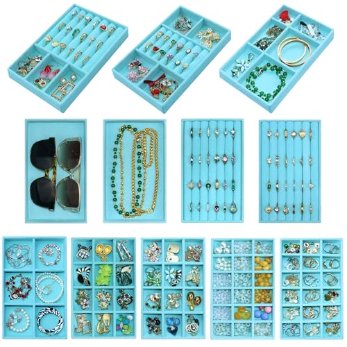 12 Pcs Jewelry Organizer Tray Stackable Velvet Jewelry Tray Earrings Display Case Necklace Earring Box Storage Drawer Bracelet Rings Accessories Trays, Blue - color: Blue, size: 12 Pcs