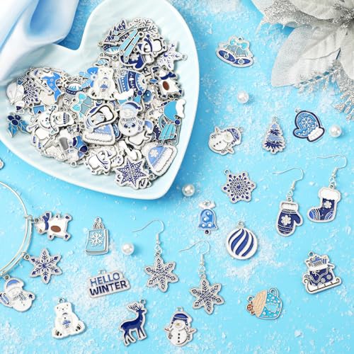 SANNIX 110Pcs/55 Pairs Christmas Winter Charms, Winter Charms for Jewelry Making, Assorted Snowflake Penguin Snowman Polar Bear Gold Enamel Charm Pendants for DIY Bracelet Necklaces Earrings Craft - style: Winter Charms