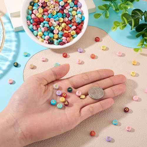 500Pcs Colorful Acrylic Beads Vowel Letter A/E/I/O/U Flat Round Capital Letter Alphabet Loose Spacer Beads for DIY Friendship Bracelet Necklace Keychain Jewelry Making 7x3.5mm - color: Colorful