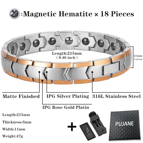 Magnetic Hematite Bracelets for Men Women 316L Stainless Steel Power Balance Energy Magnets Stones Bracelet Jewelry Gift with Adjustment Tool - color: Silver & Rose Gold