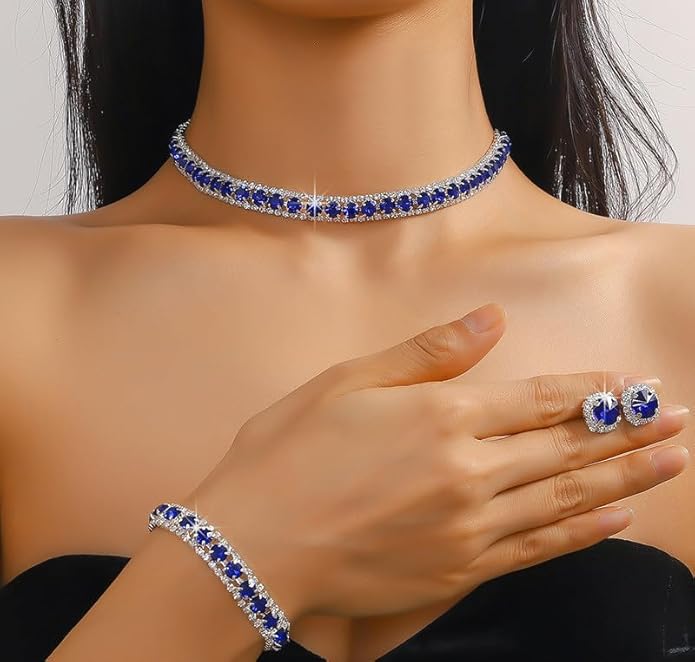 Women Rhinestone Crystal Jewelry Set Crystal Tennis Design Rhinestone Choker Necklace Link Bracelet Teardrop Earrings Set Wedding Bridal Bridesmaids Party