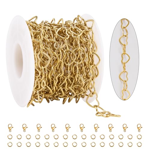 KYUNHOO 13 Feet Gold Plated Jewelry Making Chains Bulk on Spool Hollow Heart Links Chain for Crafting Stainless Steel Necklace Bracelet Making Supplies with Lobster Clasps Jump Rings - color: Heart Gold