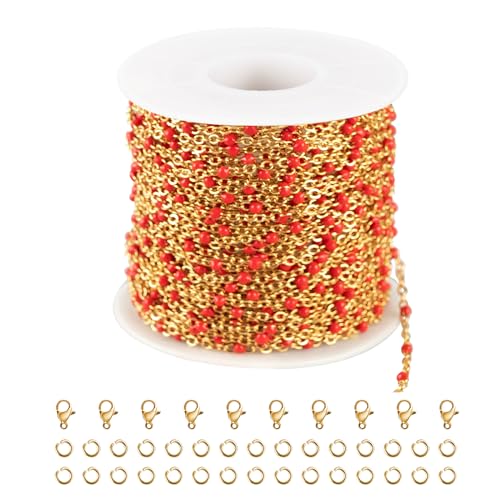 UMAOKANG 10 Meters Gold Plated Chains for Jewelry Making Red Enamel Bead Stainless Steel Chain for Women Necklace DIY Craft - color: Gold-Red Enamel