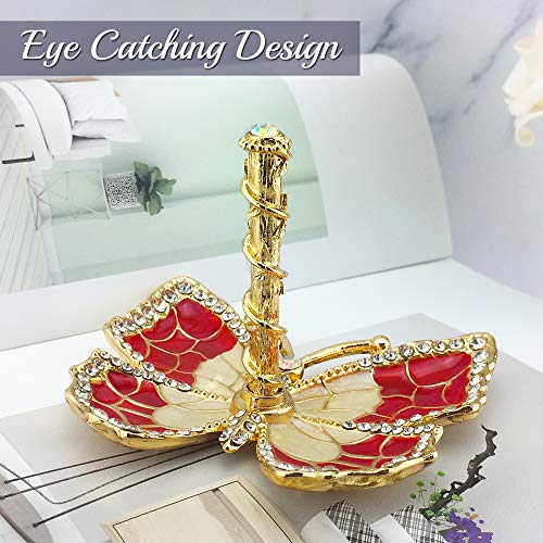 Matashi Red Enamel and Gold Plated Butterfly Jewelry Stand Organizer Ring Holder with Crystals – Gift for Mom on Christmas, Mother’s Day, Birthday, Anniversary, & Valentine’s Day - color: Red