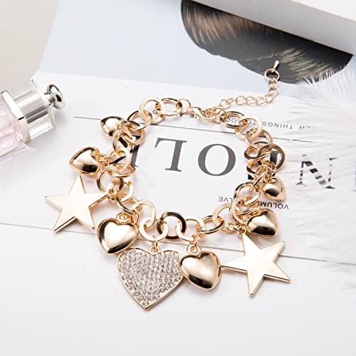 SILANER Gold Chain Link Bracelet - 7"+ 2" Extender 14K Gold Plated Love Locked Bracelets for Women, with Crystal, Love Heart,Key, Lock, Charm Bracelet - color: Stars and Hearts Charm