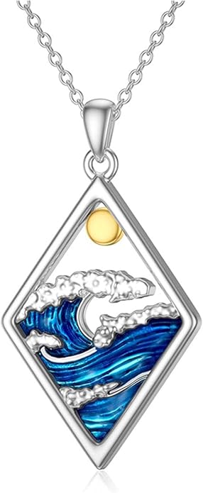 Ocean Necklace，Women's Wave Pattern Pendant Necklace ，Silver Tone Chain with Blue Enamel ，Beach Jewelry for Women,Adjustable Length Fashion Jewelry for Daily/Party Wear（18-20 inch）