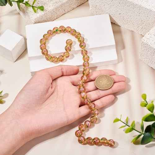 Cheriswelry 40Pcs/Strand Gold Sand Lampwork Beads Handmade Glass Round with Flower Loose Beads 10mm for Rosary Making Necklace Earring Jewelry Supplies(Gold) - color: Gold