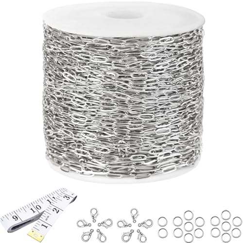 16Ft Stainless Steel Paperclip Chain for Jewelry Making, 2.5mm Width Silver Paper Clip Link Chains Roll for DIY Necklace Bracelet Craft Jewelry Making Supplies with Lobster Clasps Soft Tape Measure - color: Paperclip 2.5mm Silver