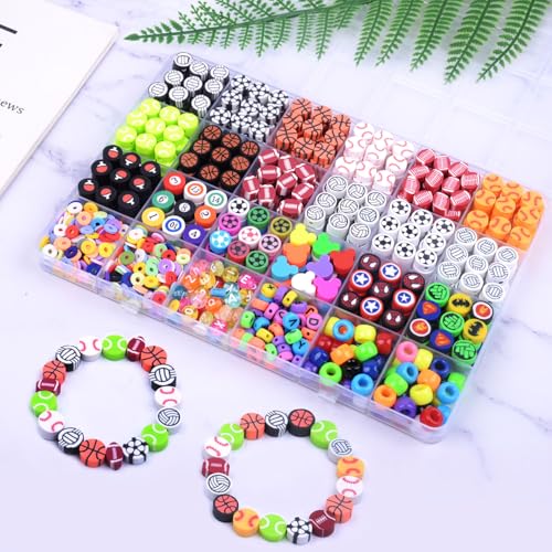 BBita 1000PCS Polymer Clay Beads Bracelet Making kit, 24 Style Cute Fun Beads Sports Ball Volleyball Softball Baseball Basketball Soccer Rugby Football Charms for Jewelry Making DIY for Women Girls - color: C1#Style 3