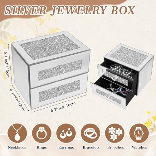 Kenning Silver Jewelry Box 2 Layer Glass Box for Women Mother's Day Crystal Jewelry Organizer Storage Luxury Necklaces Earrings Rings Bracelets Organizer for Mom Gift Decoration