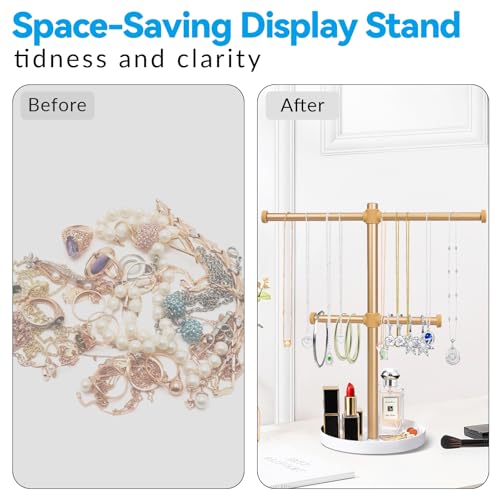 bodkar 2 Tier Gold Jewelry Display Holder, Necklace and Bracelet Hanging Organizer, Metal Tower Stand for Bangles, Necklaces, Rings, Earrings and Watch - color: 2 tier Gold