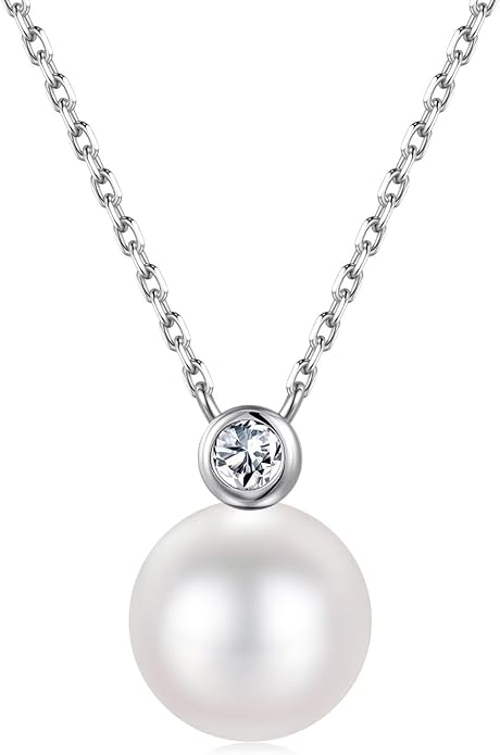 Iefil Valentines Day Gifts for Her - 9-10mm Freshwater Pearl Necklace for Women, Anniversary Birthday Gifts for Wife Mom Girlfriend, S925 Sterling Silver Pearl & Birthstone Necklace, Jewelry for Women