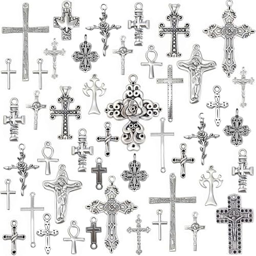 stino 100 Gram Metal Charms for Jewelry Making, Silver & Gold Plated, Bulk Pack for Bracelets, Necklaces, Crafts - color: Cross Silver