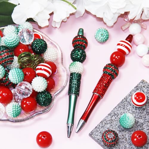 Exway 48 Pcs 20mm Red Green Acrylic Resin Rhinestone Bubblegum Beads, Round, Large, Sparkly Craft Beads for Pen, Beadable Keychain, Bracelet, Necklace, DIY Jewelry Making Supplies - color: Christmas